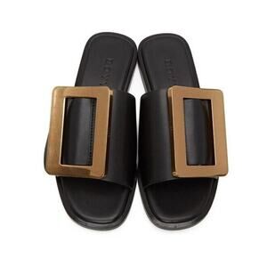 BOYY Size 9 Black Leather Buckle Slip-on Flat Sandals EU 39 Preppy